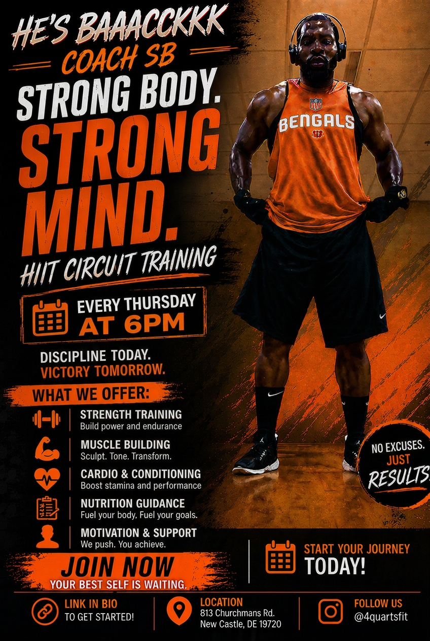 Coach SB Strong Body Strong Mind HIIT circuit training flyer at 4th Quarter Fitness