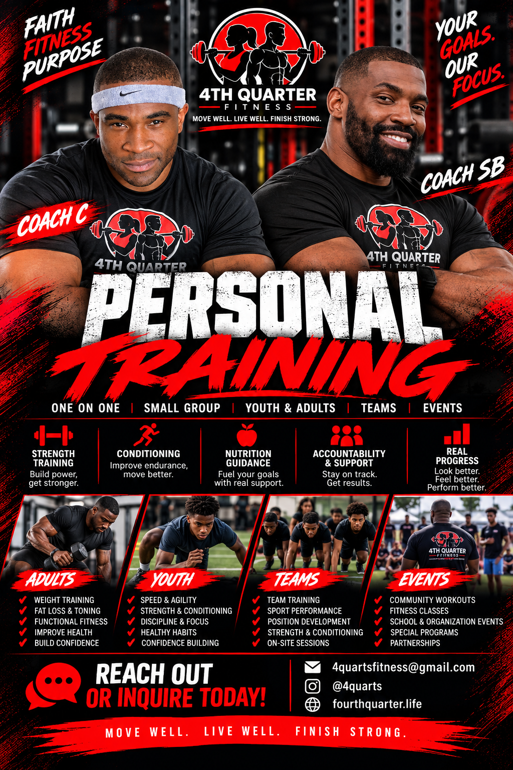 4th Quarter Fitness Personal Training with Coach C and Coach SB, one on one, small group, youth and adults, teams, events